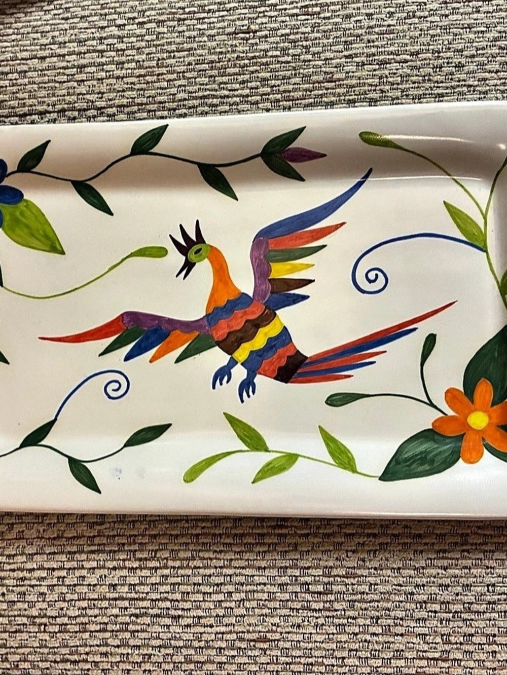 Estanzuela Hand-Painted Mexican Artisan Pottery Rectangle Platter Floral Bird11”
